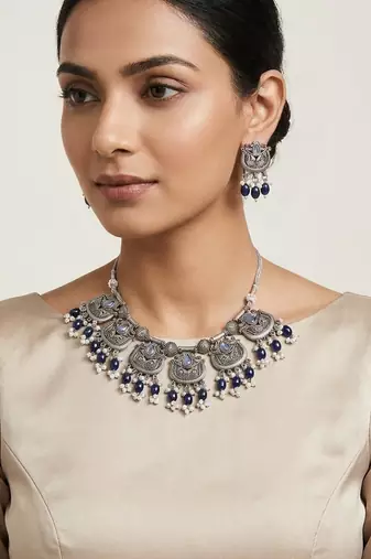 Oxidised silver-plated blue stone statement necklace set with matching earrings for women & girls