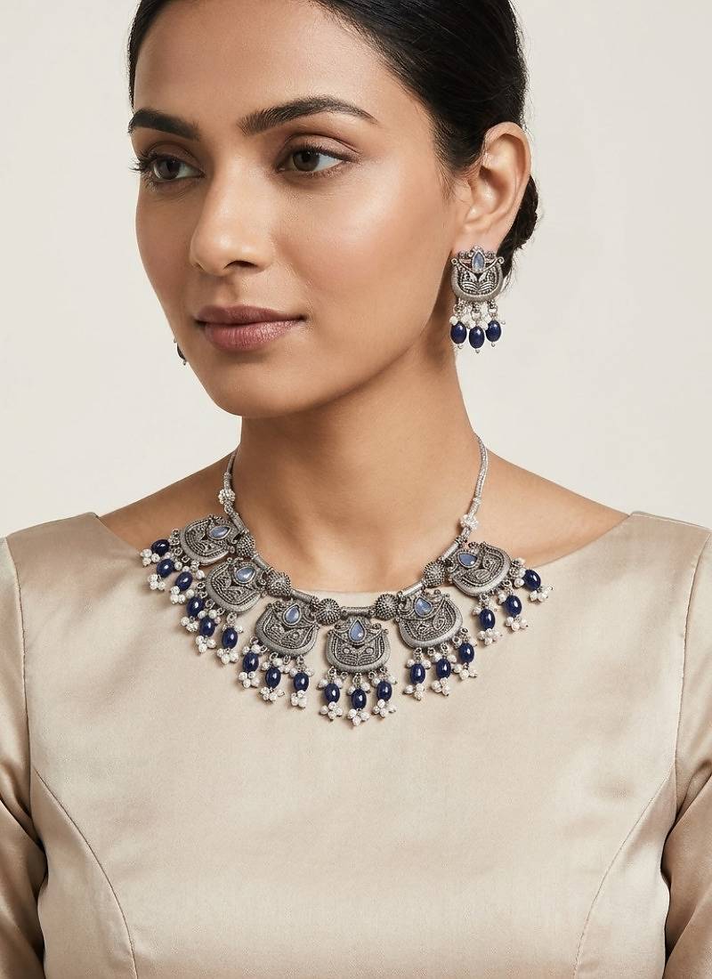 Oxidised silver-plated blue stone statement necklace set with matching earrings for women & girls