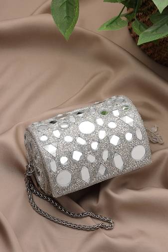  tipify metallic silver geometric mirror embellished clutch