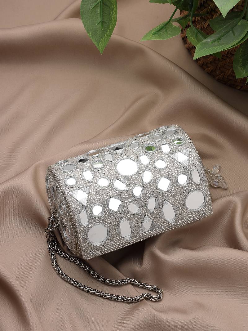   tipify metallic silver geometric mirror embellished clutch