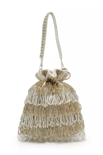   dewdrop fringe metallic gold & silver suede beaded potli