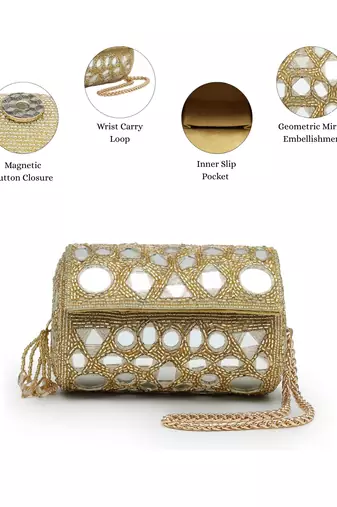   tipify metallic gold geometric mirror embellished clutch