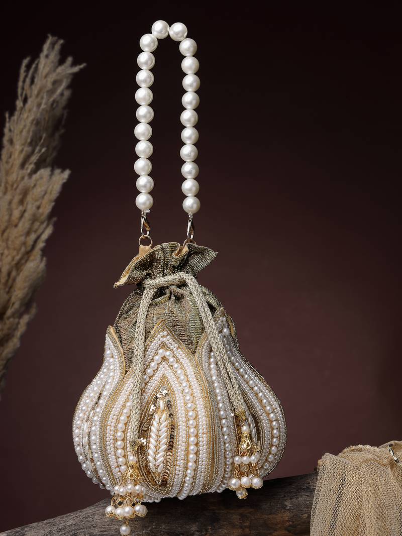   lotus antique gold pearl & sequin embellished potli