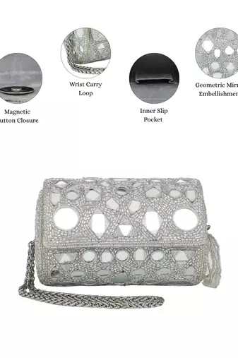   tipify metallic silver geometric mirror embellished clutch