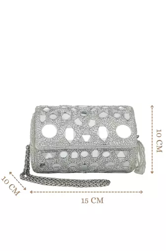   tipify metallic silver geometric mirror embellished clutch