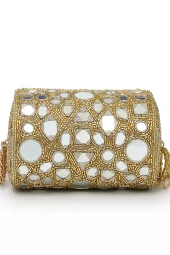   tipify metallic gold geometric mirror embellished clutch