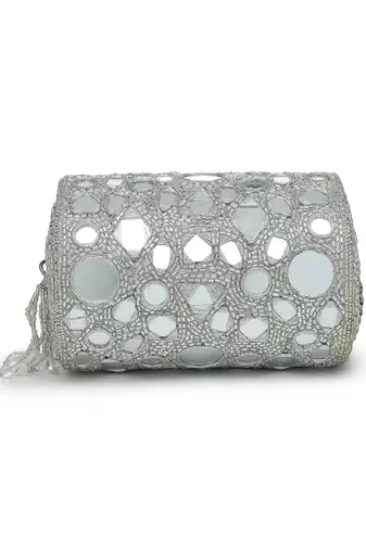   tipify metallic silver geometric mirror embellished clutch