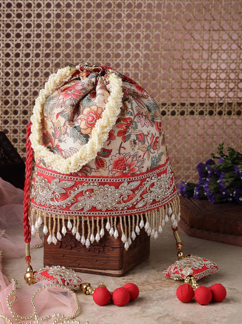   jashn edit beige faux silk floral printed potli