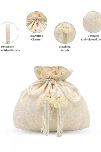   noor edit ivory faux silk botanical embroidered potli