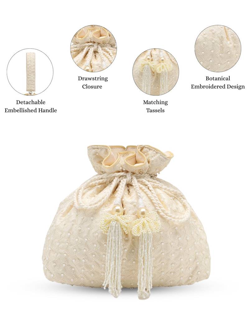   noor edit ivory faux silk botanical embroidered potli