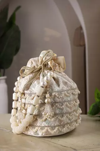   jashn edit ivory faux silk scallop embellised potli