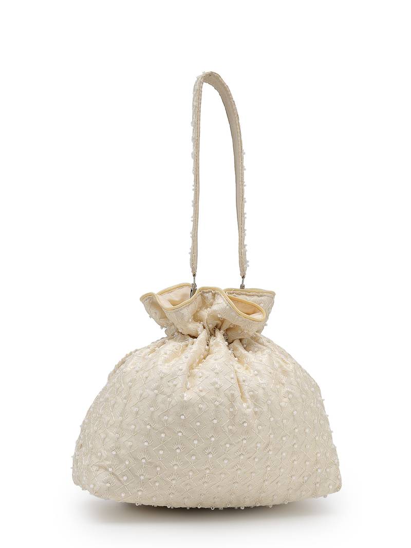   noor edit ivory faux silk botanical embroidered potli