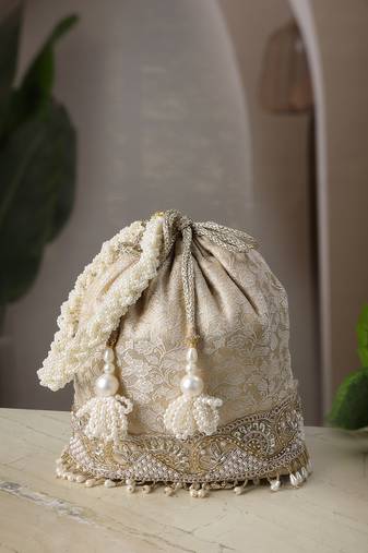   jashn edit champagne faux silk floral jacquard potli