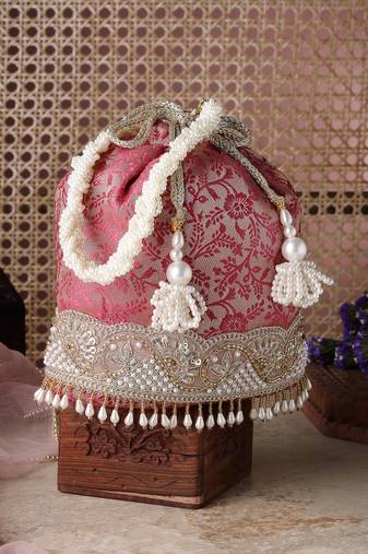   jashn edit rani pink faux silk floral jacquard potli