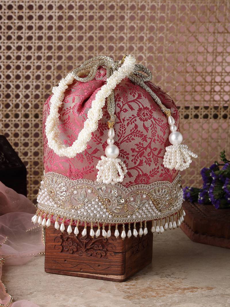   jashn edit rani pink faux silk floral jacquard potli
