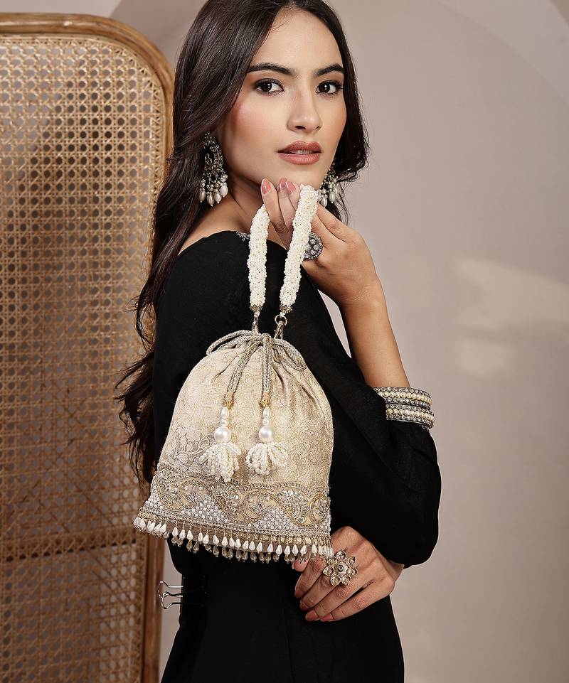   jashn edit champagne faux silk floral jacquard potli