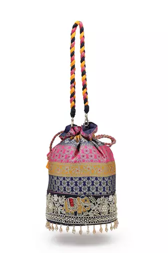   jashn edit rani pink faux silk floral brocade potli