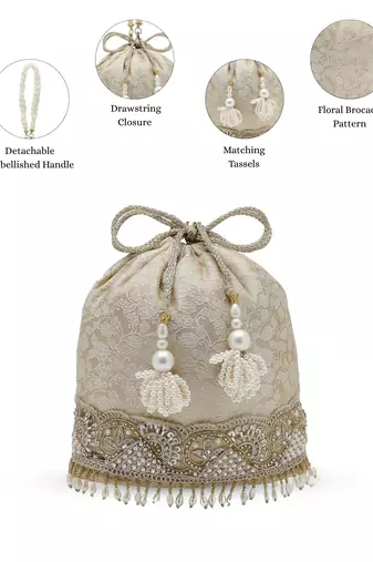   jashn edit champagne faux silk floral jacquard potli