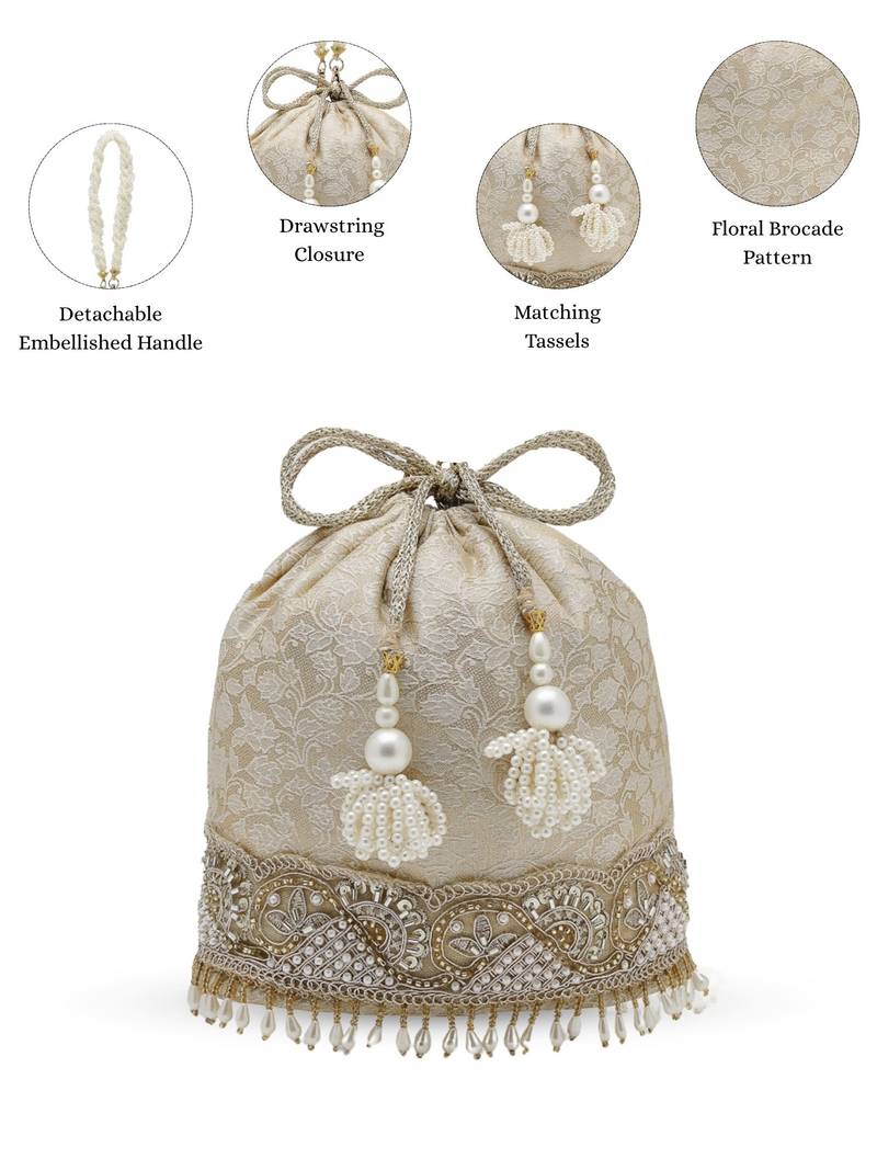   jashn edit champagne faux silk floral jacquard potli