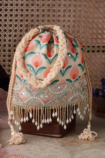   jashn edit beige faux silk floral print potli