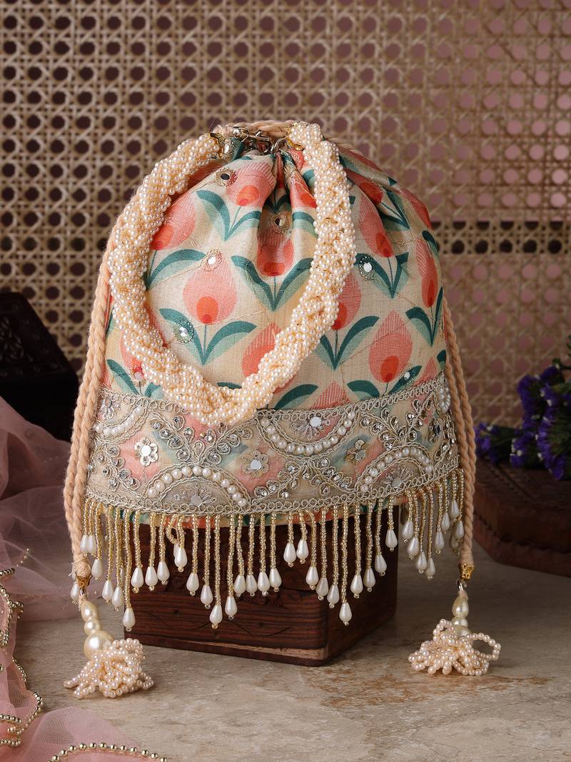   jashn edit beige faux silk floral print potli