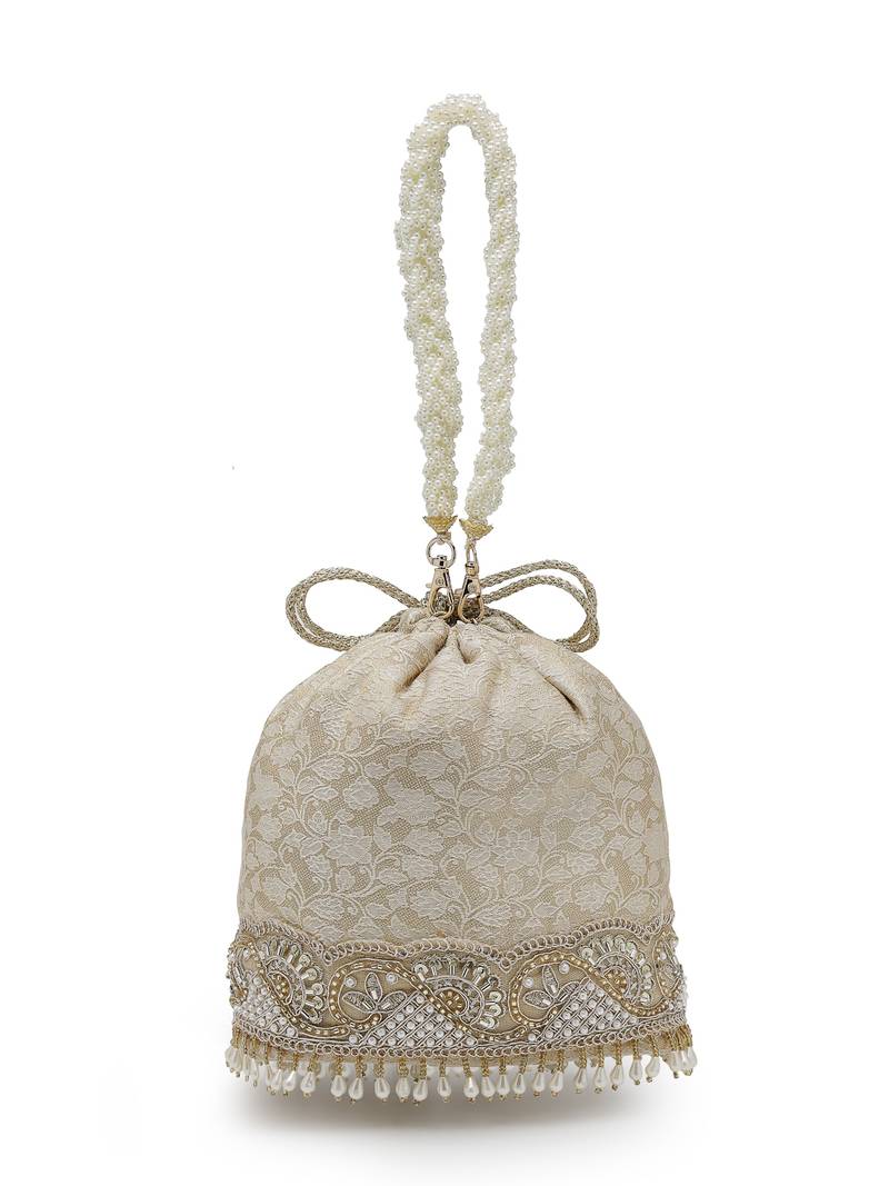   jashn edit champagne faux silk floral jacquard potli