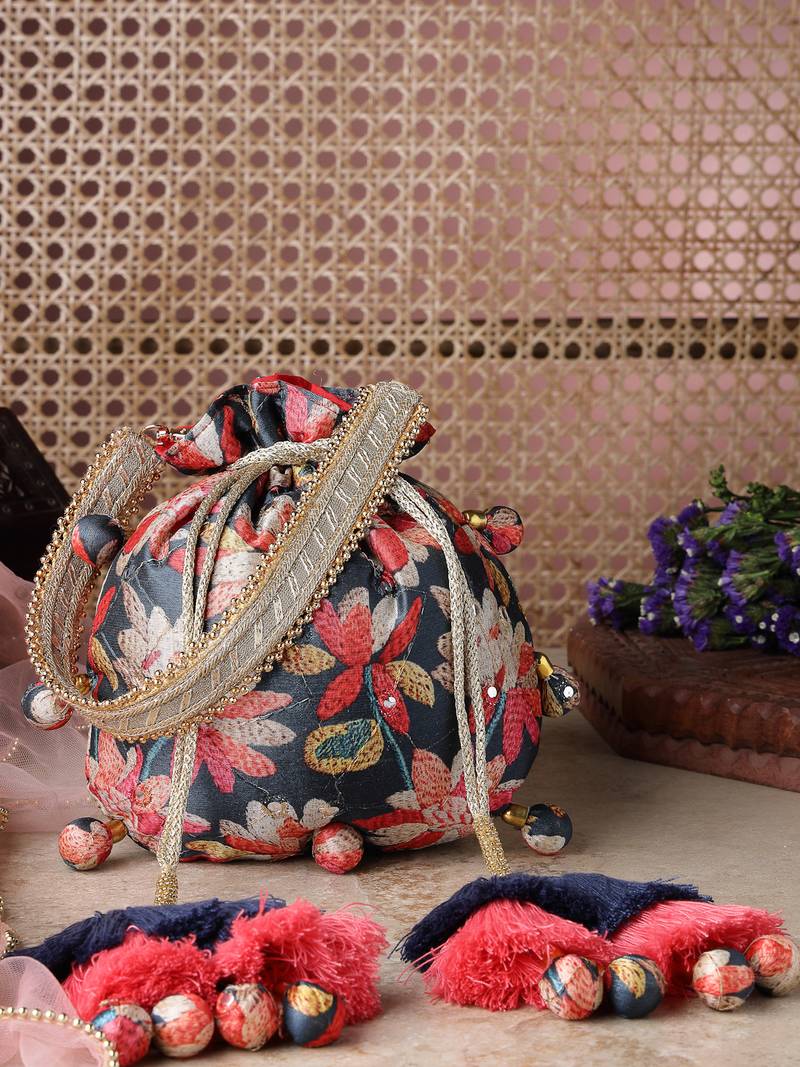   jashn edit deep navy floral printed potli