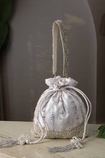  noor edit white satin floral striped embellished potli