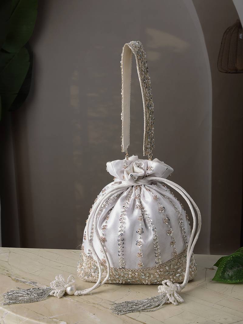  noor edit white satin floral striped embellished potli