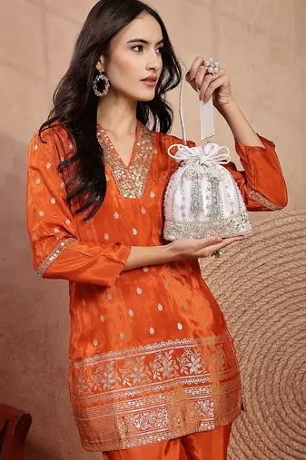   noor edit white satin floral striped embellished potli