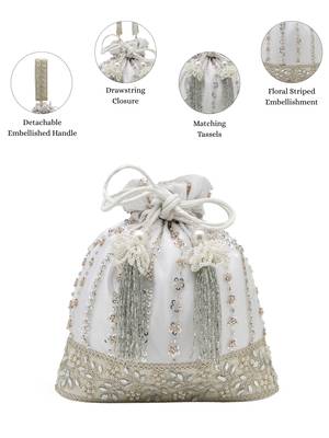 noor edit white satin floral striped embellished potli 3