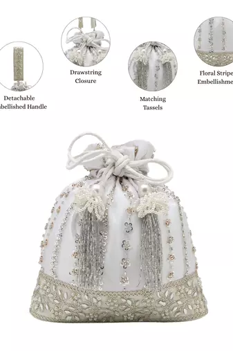   noor edit white satin floral striped embellished potli