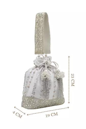   noor edit white satin floral striped embellished potli