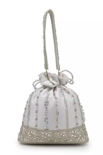   noor edit white satin floral striped embellished potli