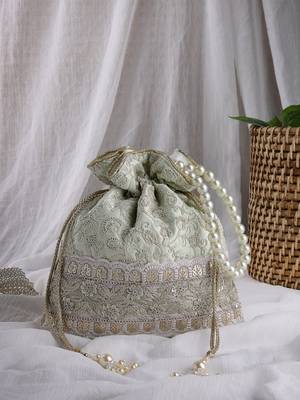  dangle mint green faux silk floral embroidered potli 1