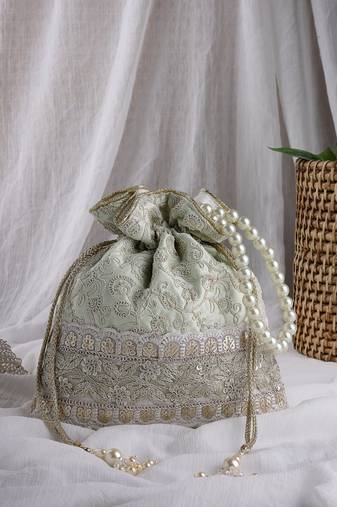   dangle mint green faux silk floral embroidered potli