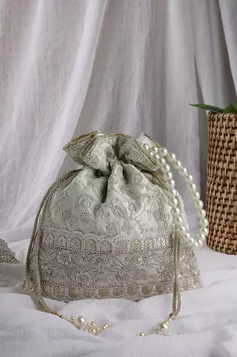   dangle mint green faux silk floral embroidered potli