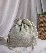   dangle mint green faux silk floral embroidered potli