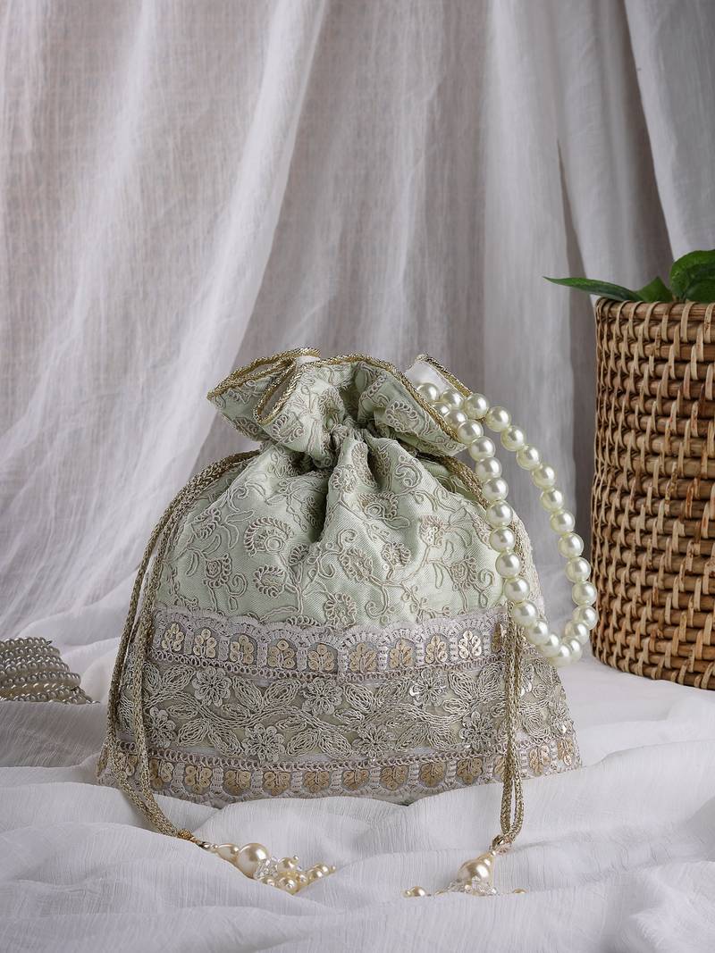   dangle mint green faux silk floral embroidered potli