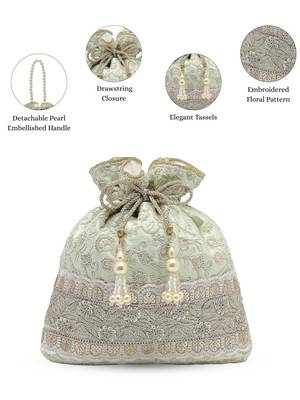  dangle mint green faux silk floral embroidered potli 3