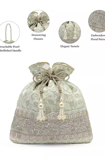  dangle mint green faux silk floral embroidered potli
