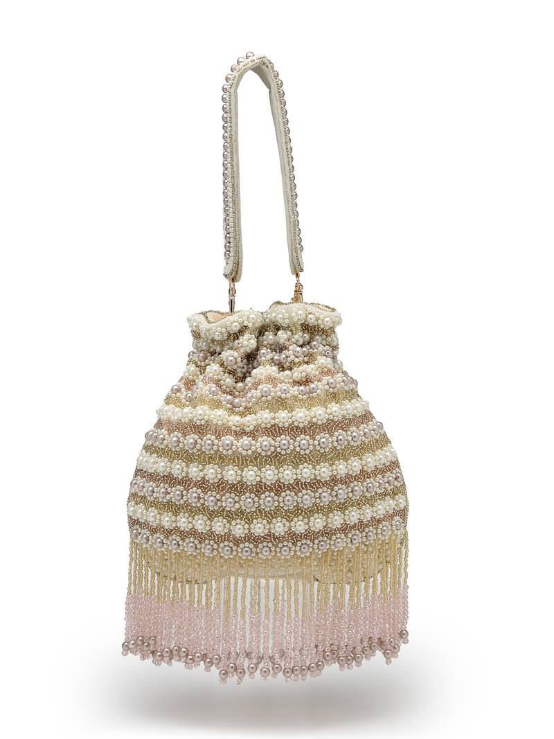   dewdrop fringe champagne gold velvet beaded potli