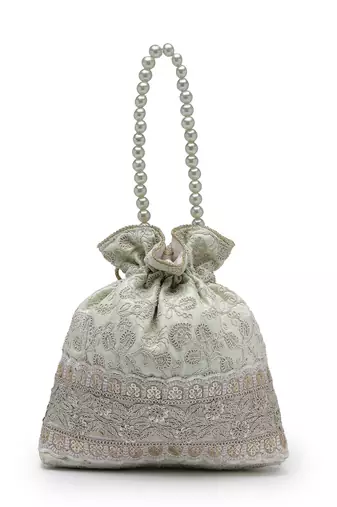   dangle mint green faux silk floral embroidered potli