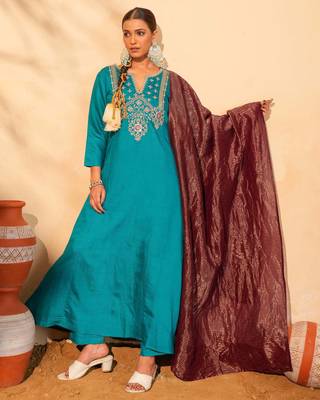 Women's Gorgeous Embroidery Work Silk Slub Fabric Flared Kurta Pant and Dupatta Set 1