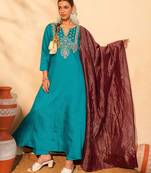 Women's Gorgeous Embroidery Work Silk Slub Fabric Flared Kurta Pant and Dupatta Set
