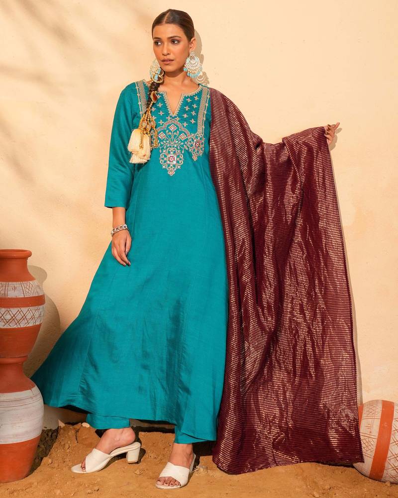 Women's Gorgeous Embroidery Work Silk Slub Fabric Flared Kurta Pant and Dupatta Set