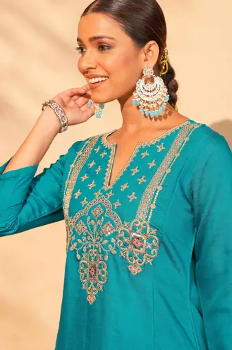 Women's Gorgeous Embroidery Work Silk Slub Fabric Flared Kurta Pant and Dupatta Set