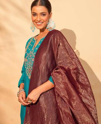Women's Gorgeous Embroidery Work Silk Slub Fabric Flared Kurta Pant and Dupatta Set 3