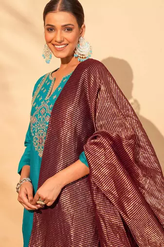 Women's Gorgeous Embroidery Work Silk Slub Fabric Flared Kurta Pant and Dupatta Set