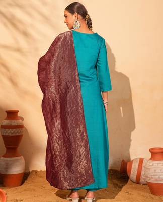 Women's Gorgeous Embroidery Work Silk Slub Fabric Flared Kurta Pant and Dupatta Set 4